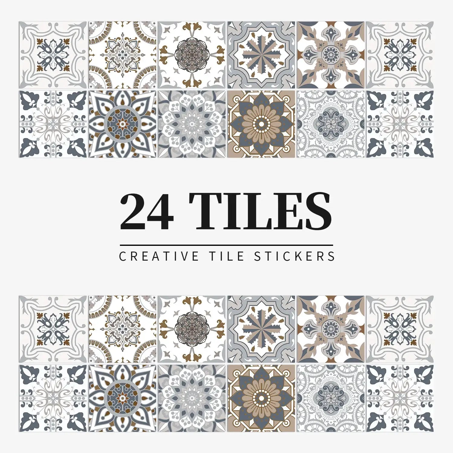 24-piece light-color tile sticker set by Simples Market; waterproof self-adhesive wall decals for kitchen and bathroom.