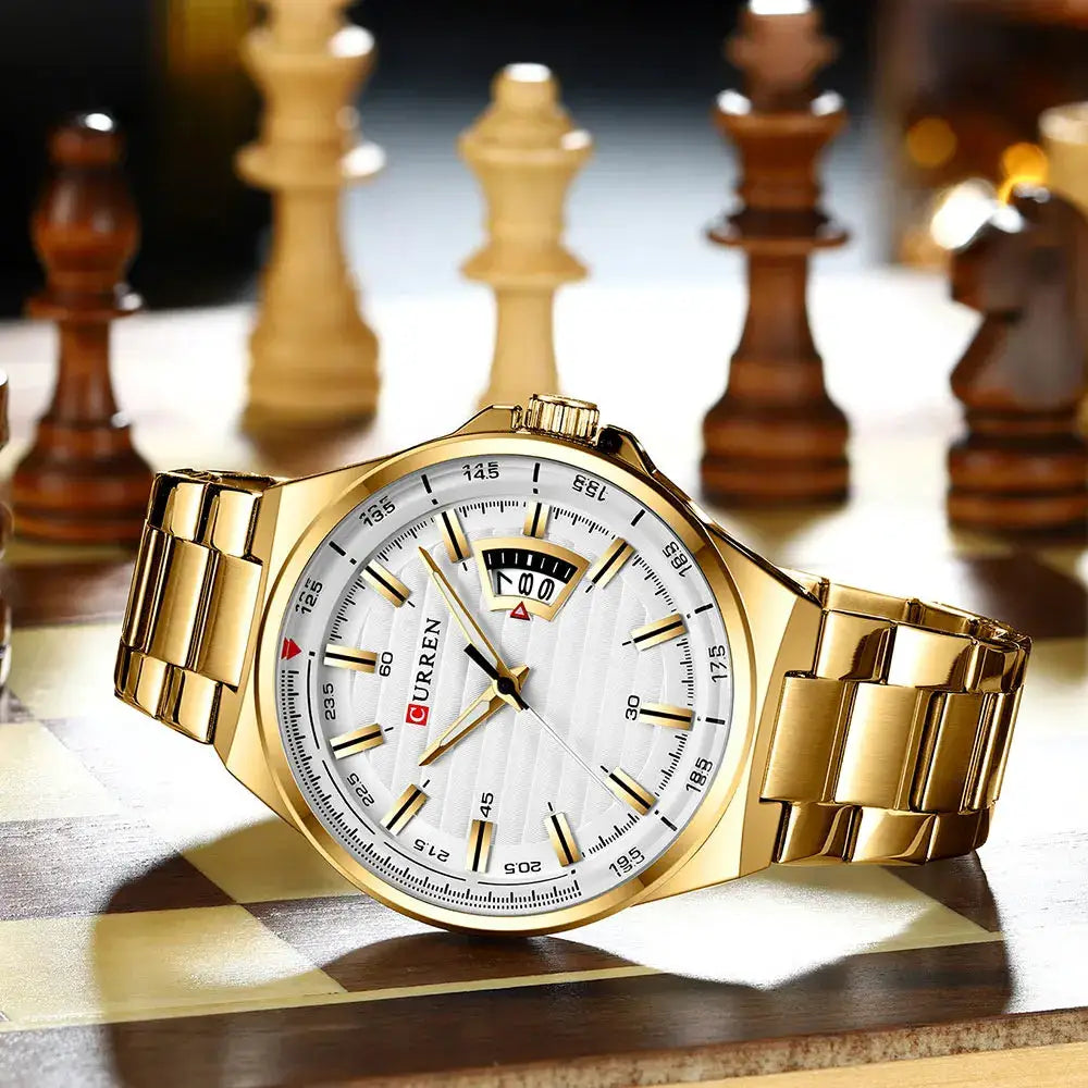 CURREN men's luxury watch with gold-tone stainless steel band and date display