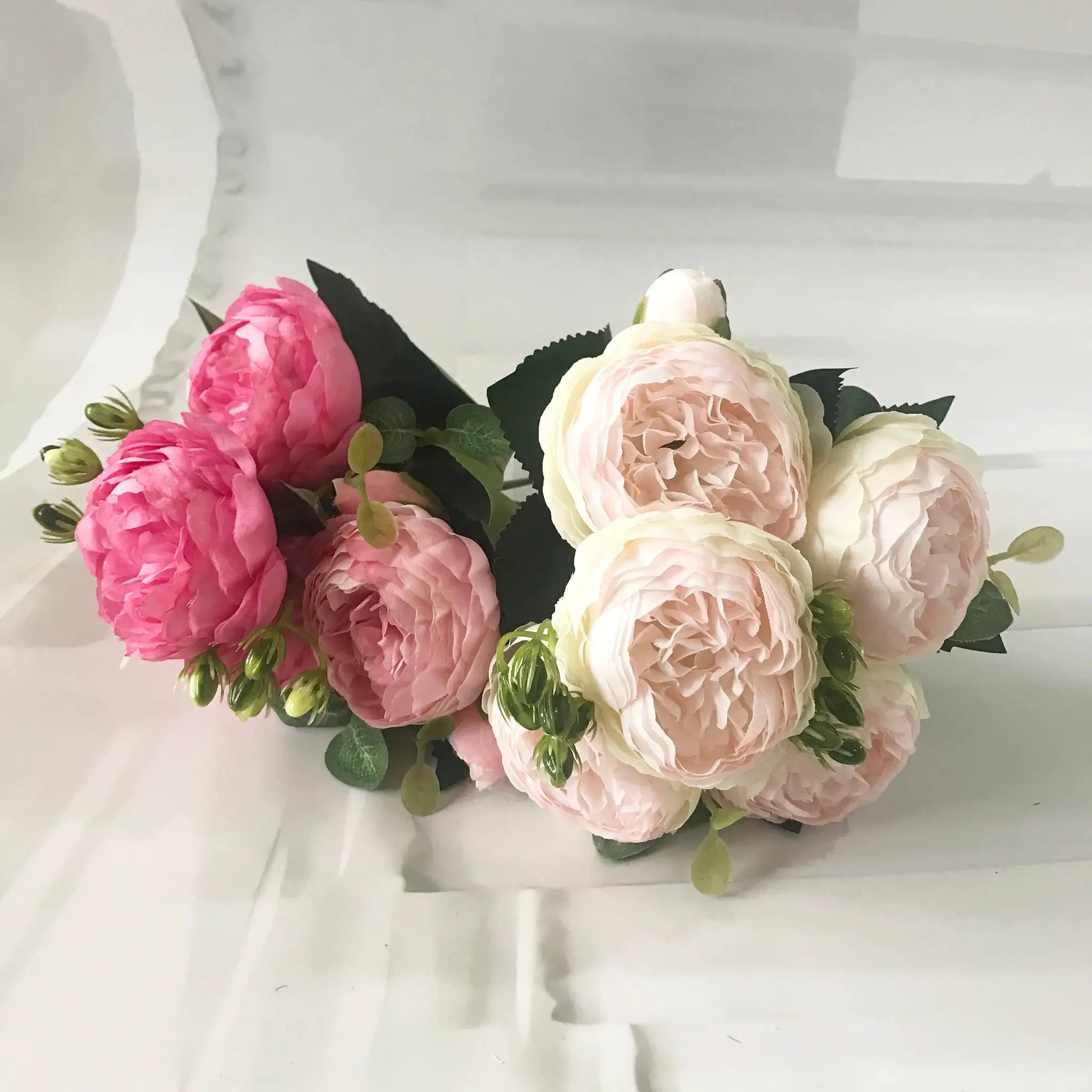 Silk peony bouquet with pink and cream blooms and green foliage, 30cm artificial flowers