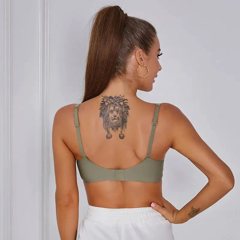 FINETOO soft wireless bra, olive green padded bralette with adjustable straps and back closure