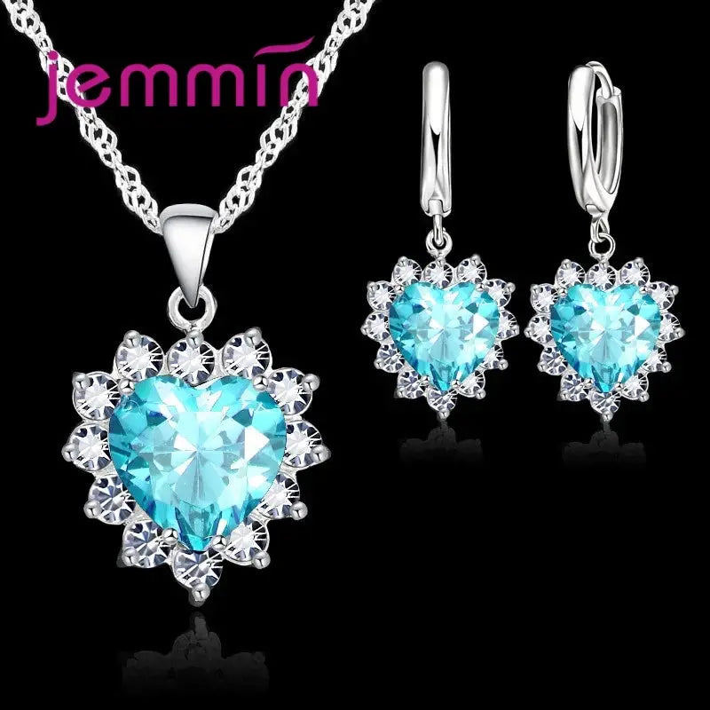 Yaameli 925 Silver Heart Pendant Necklace And Hoop Earrings Jewelry Set For Women Engagement Anniversary Gift