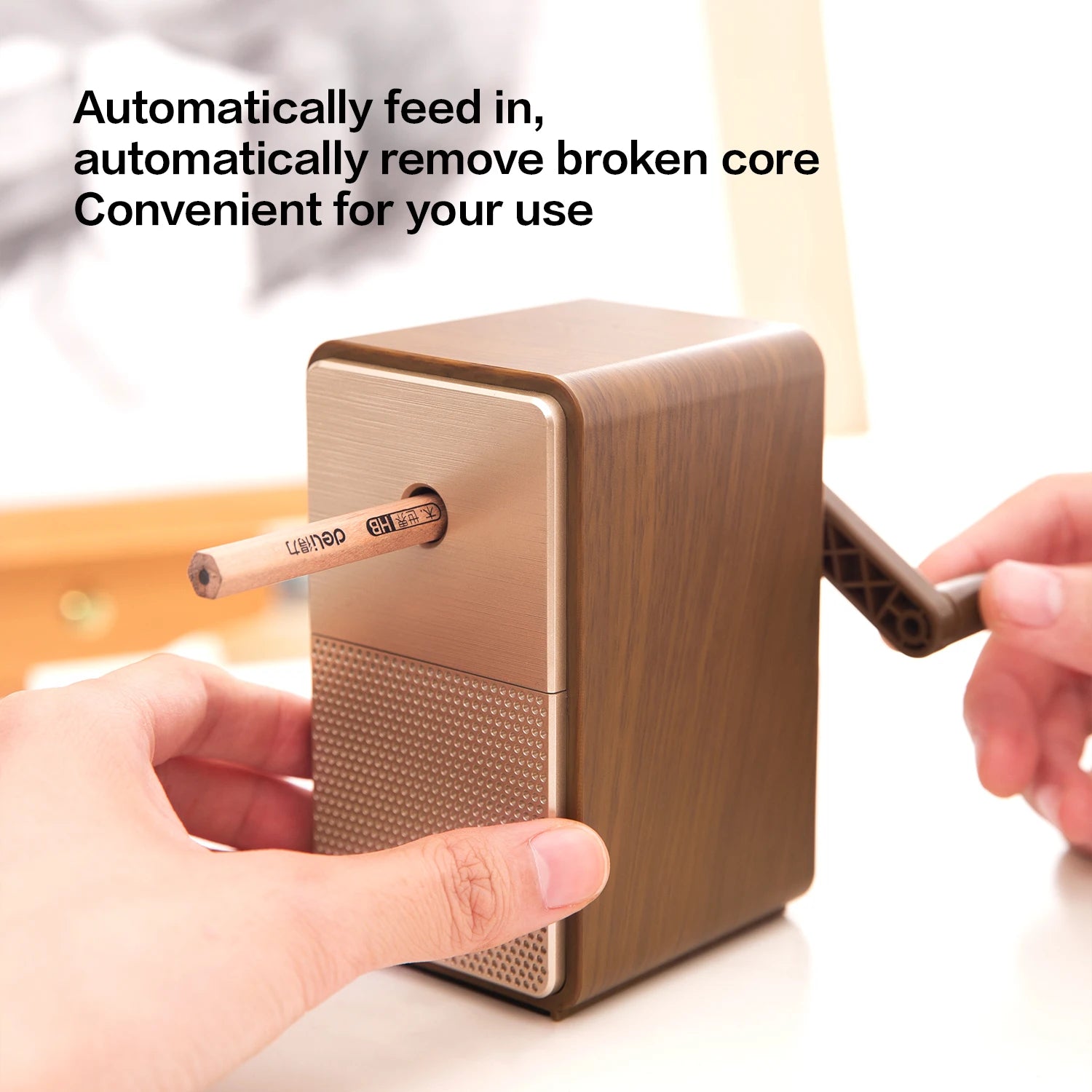 Simples Market Deli adjustable pencil sharpener with wood-grain finish and hand crank.