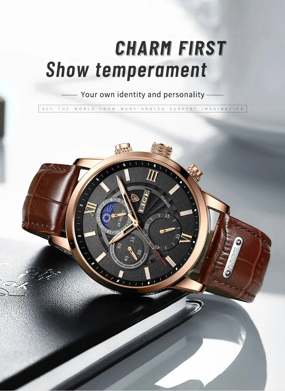 LIGE men's luxury chronograph watch with rose-gold case, black dial, and brown leather strap.