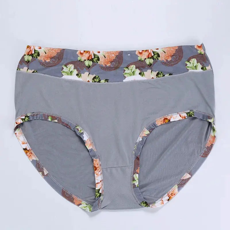 Women’s gray briefs with floral-print trim along waistband and leg openings.