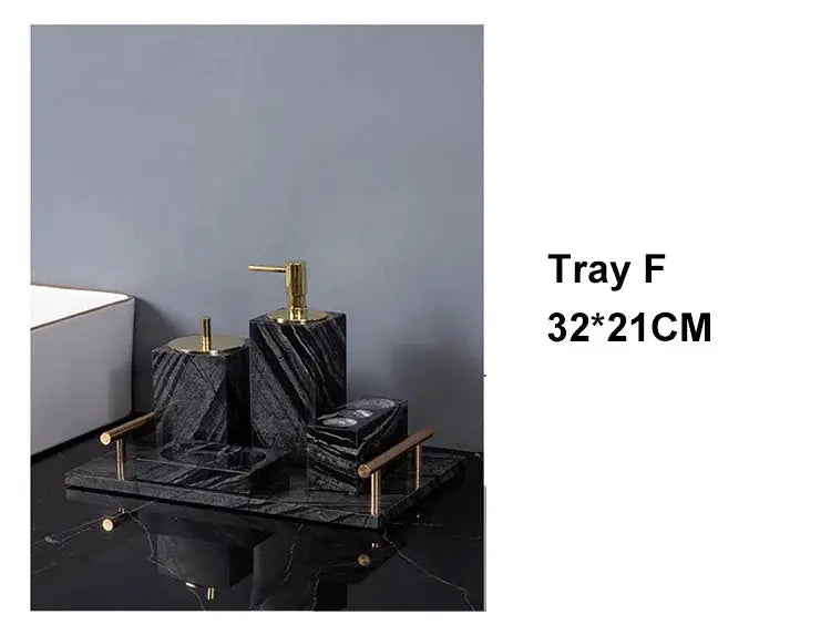 Black marble bathroom set of 3 with gold-tone dispenser, toothbrush holder, and tray (Tray F, 32x21 cm).