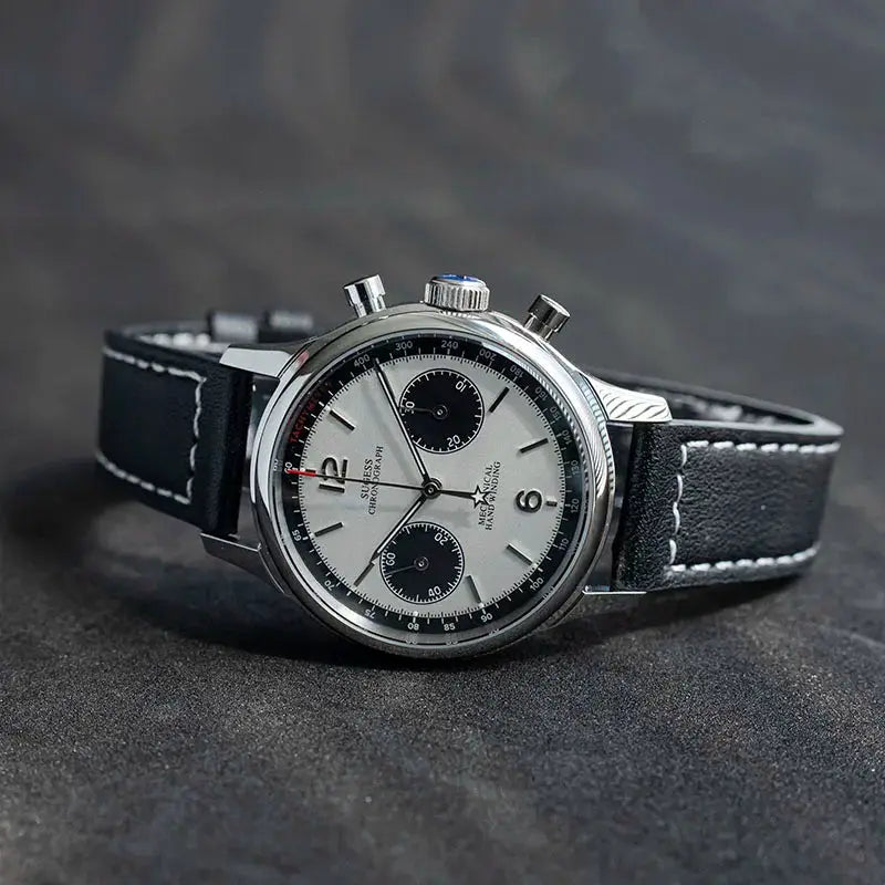 Sugess 1963 Pilot Panda chronograph watch with white dial, black subdials, stainless steel case, black leather strap