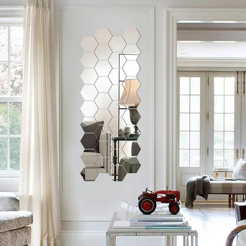 Hexagon mirror wall sticker set, Simples Market, 6/12 pcs, 126mm each, self-adhesive decorative mirrors