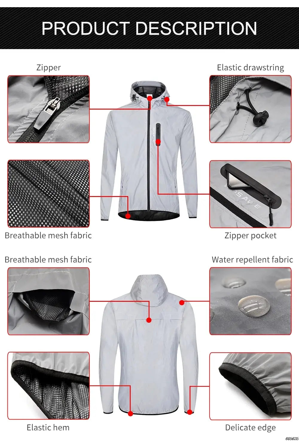 WOSAWE men's reflective lightweight windbreaker jacket by Simples Market, gray hooded rain jacket for cycling