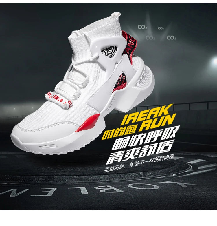 Men's white breathable high-top sneakers with red accents, chunky sole athletic shoes