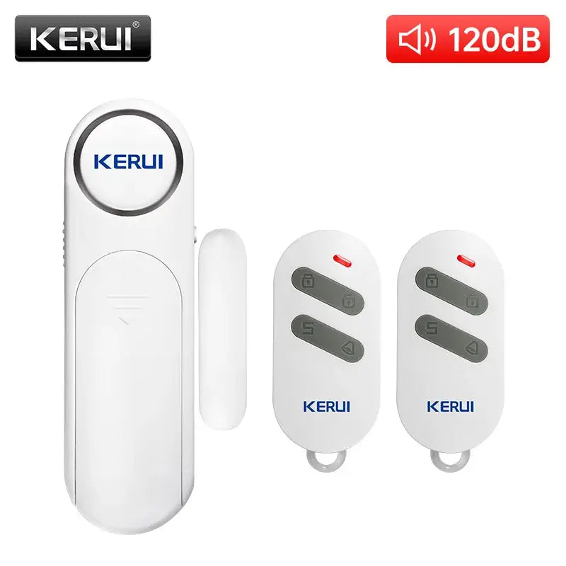KERUI Wireless Door/Window Sensor Alarm Kit with 2 white remotes, 120dB, 300ft range.