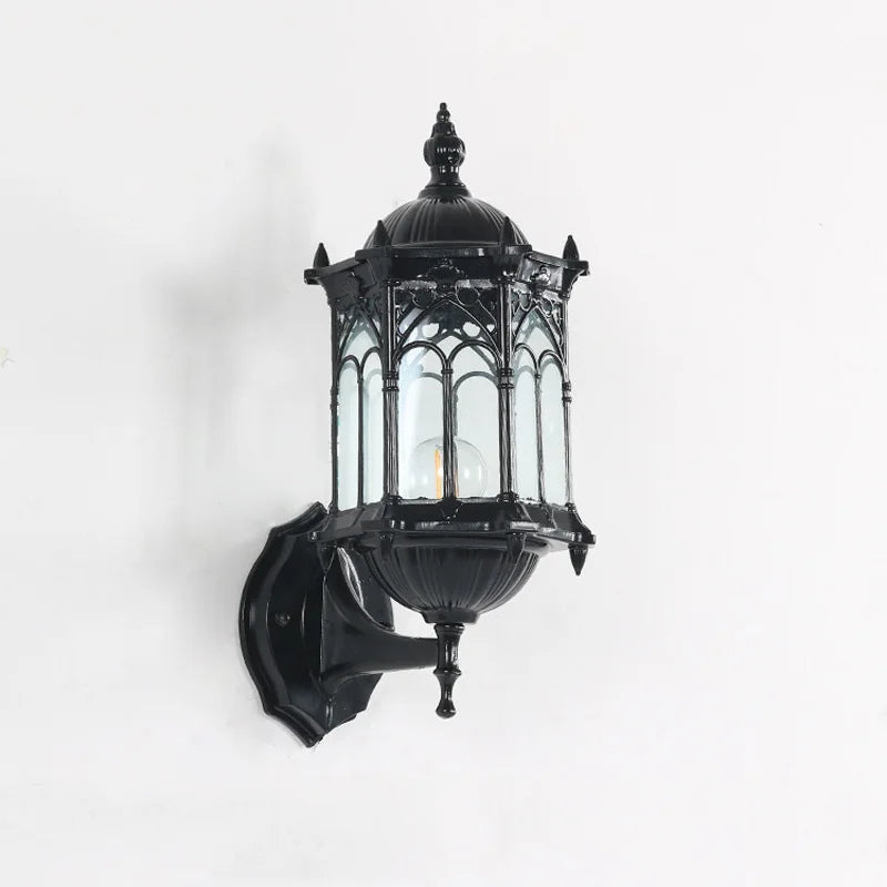 Black vintage outdoor wall lantern with glass panels and ornate metalwork, E27 garden sconce