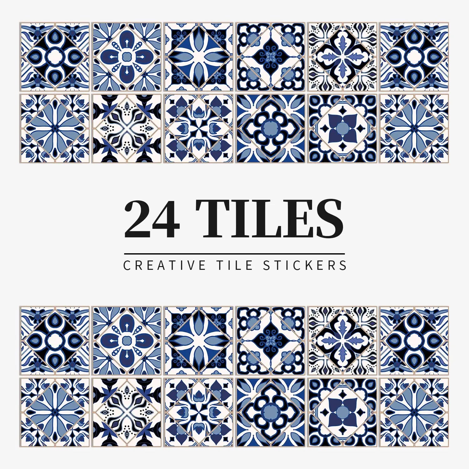 Tile sticker set by Simples Market, 24-piece, light blue and white waterproof self-adhesive wall decals.