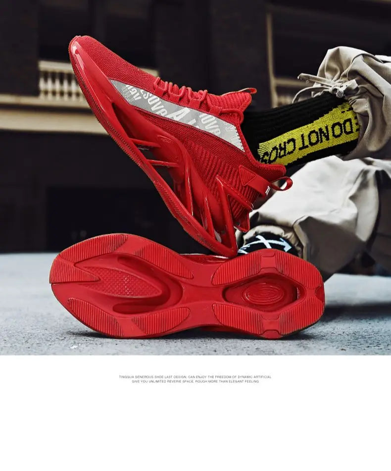 Pair of red men's athletic sneakers with breathable mesh and chunky rubber soles.