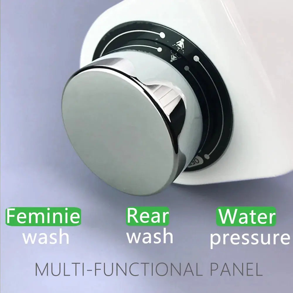 Bidet toilet seat attachment with dual nozzles; silver round control knob on black multifunction panel
