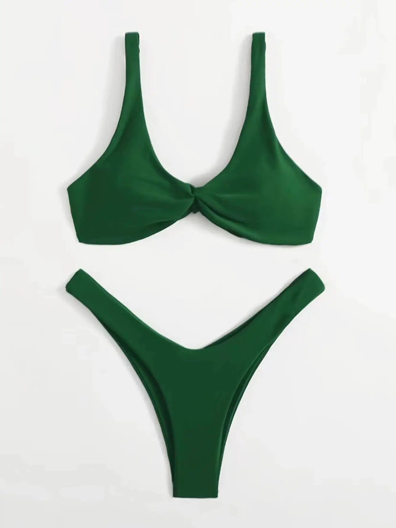 Green solid tie-front bikini set with padded cups and high-leg bottoms, Brazilian two-piece swimsuit.