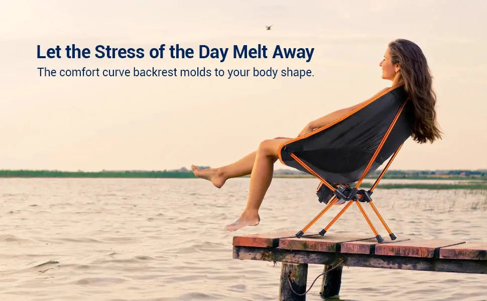 Folding chair with orange frame and black fabric; ultralight, detachable, portable for camping, fishing and hiking