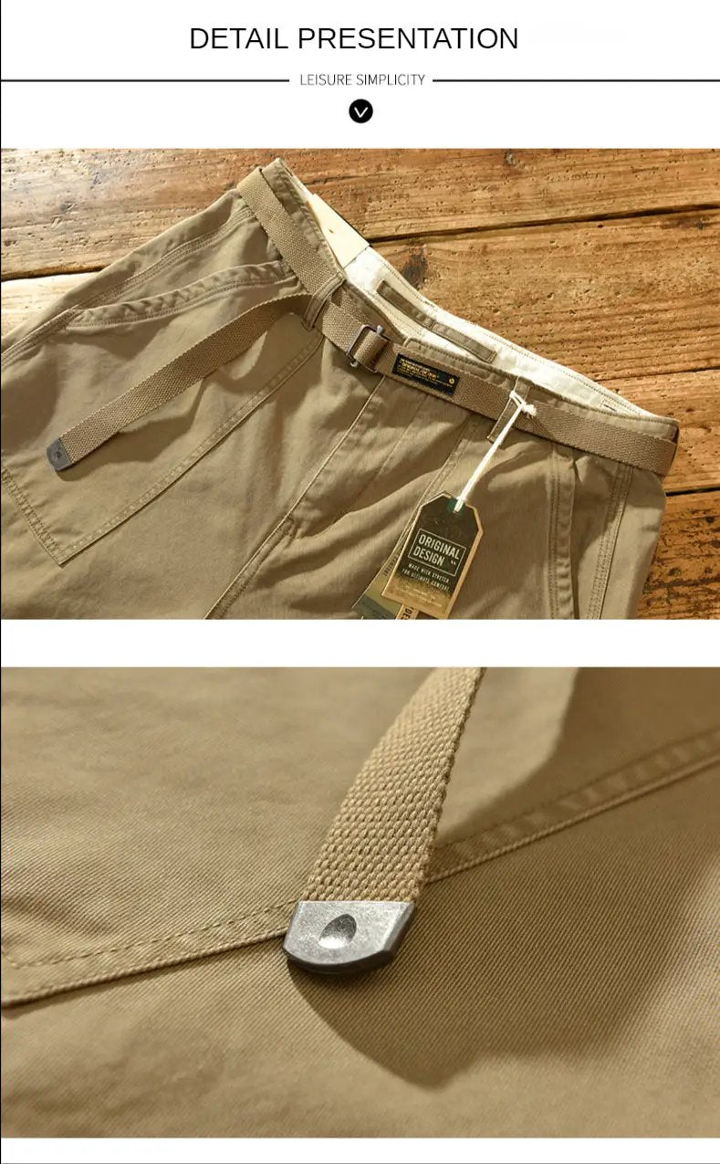 Men's cargo pants in tan khaki cotton with belt, mid-rise casual jogger style