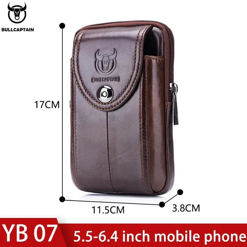 BullCaptain men's brown leather belt waist bag with front flap and zip pocket