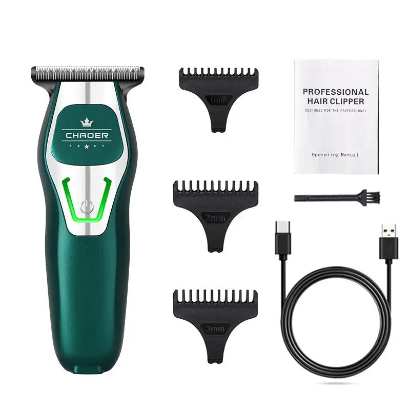 Simples Market professional hair trimmer with green body and 1mm/2mm/3mm combs, USB charging cable, manual