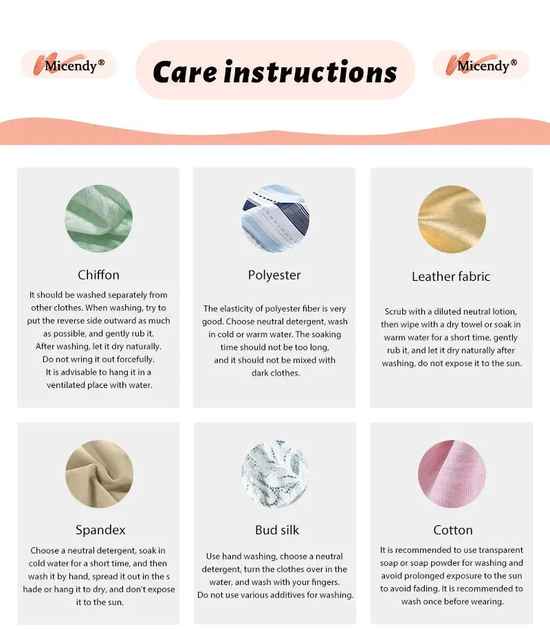 Care instructions with six fabric types: chiffon, polyester, leather, spandex, bud silk, cotton.