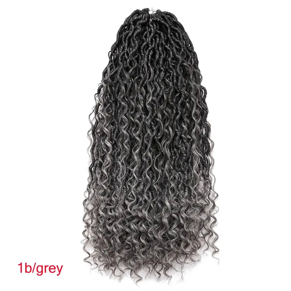 Synthetic Goddess Locs crochet hair extensions; long curly faux locs in black to grey ombre
