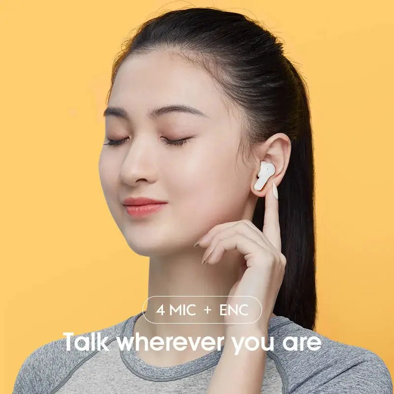 QCY T13 true wireless earbuds in white with 4 microphones and ENC.