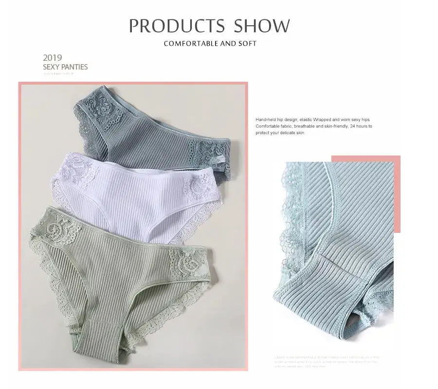 FINETOO 3Pcs set of women’s cotton panties by Simples Market; low-rise lace briefs in blue, lilac and sage green