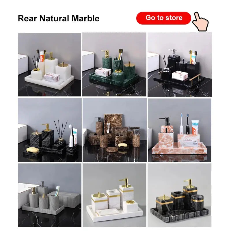 Bathroom accessories set in natural marble with soap dispenser, toothbrush holder, cup, and soap dish; nine options.