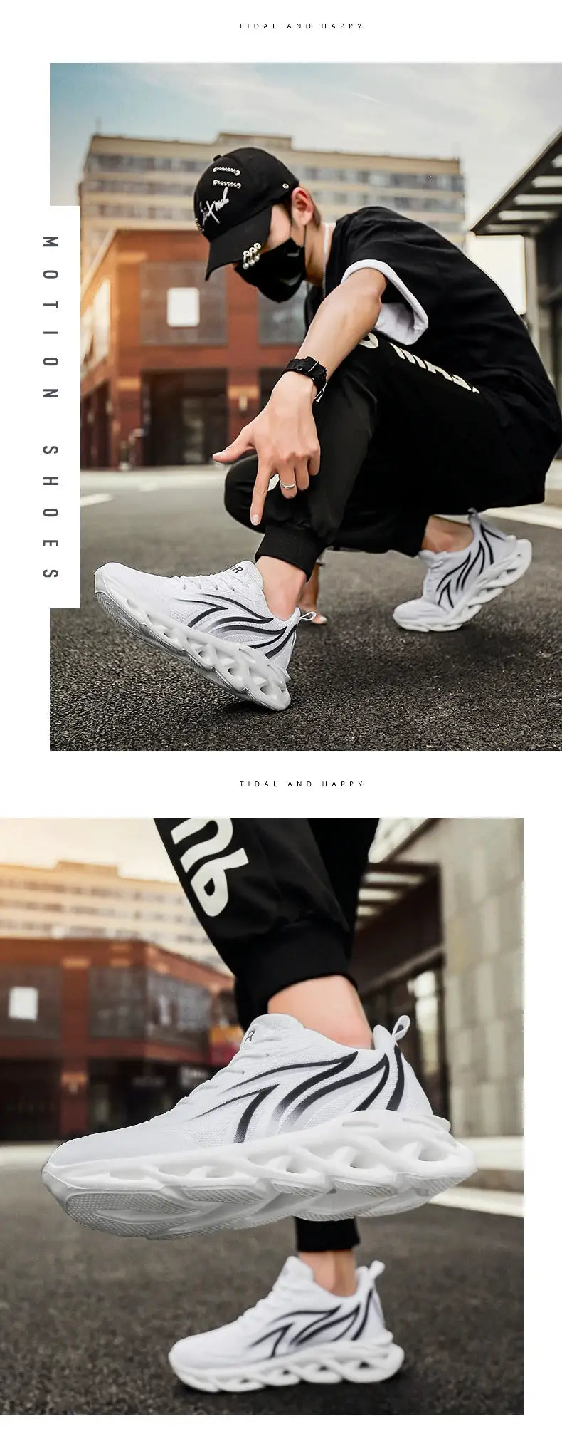Social Shoe male mesh breathable running sneakers, white with black wave pattern, Simples Market.