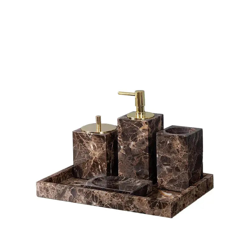 Emperador Dark marble bathroom set by Simples Market with toothbrush holder, soap dispenser, soap dish on a brown tray