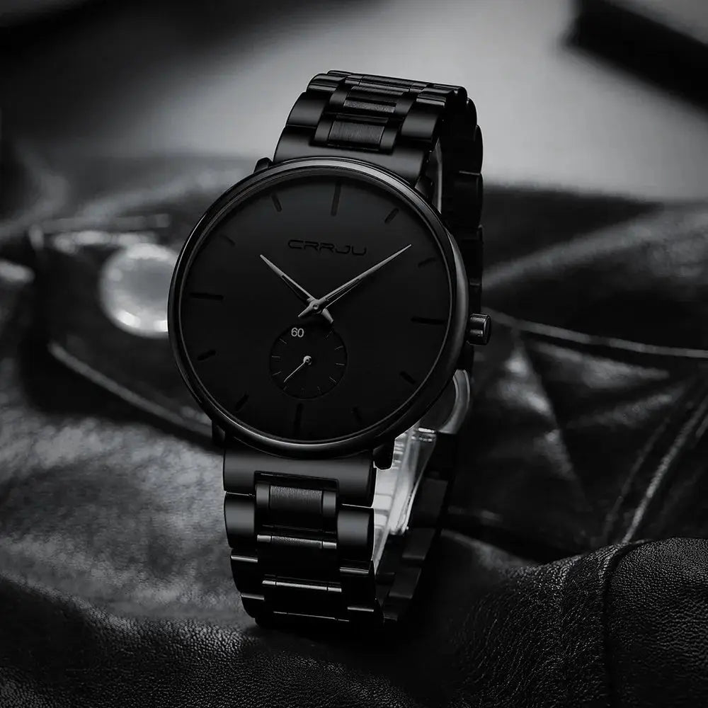 CRRJU men's stainless steel watch with black dial and bracelet.