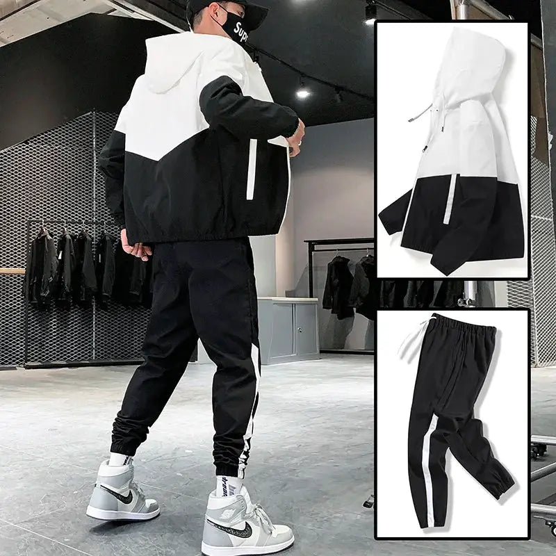2-piece hooded tracksuit set in white and black color-block with jacket and joggers, Simples Market