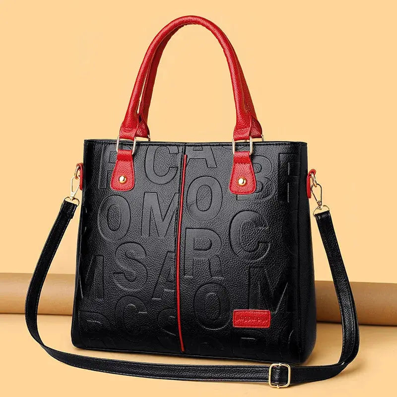 Simples Market PU leather crossbody bag for women, black with red handles, large capacity.