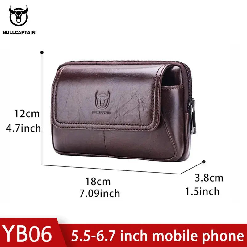 BULLCAPTAIN men's brown leather belt waist bag; compact fanny pack, 18x12x3.8 cm, fits 5.5–6.7 inch phones.