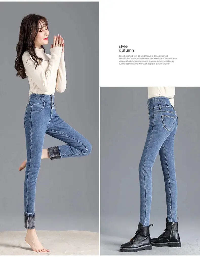 Thermal Winter Thick Fleece High Waist Stretch Skinny Jeans For Women