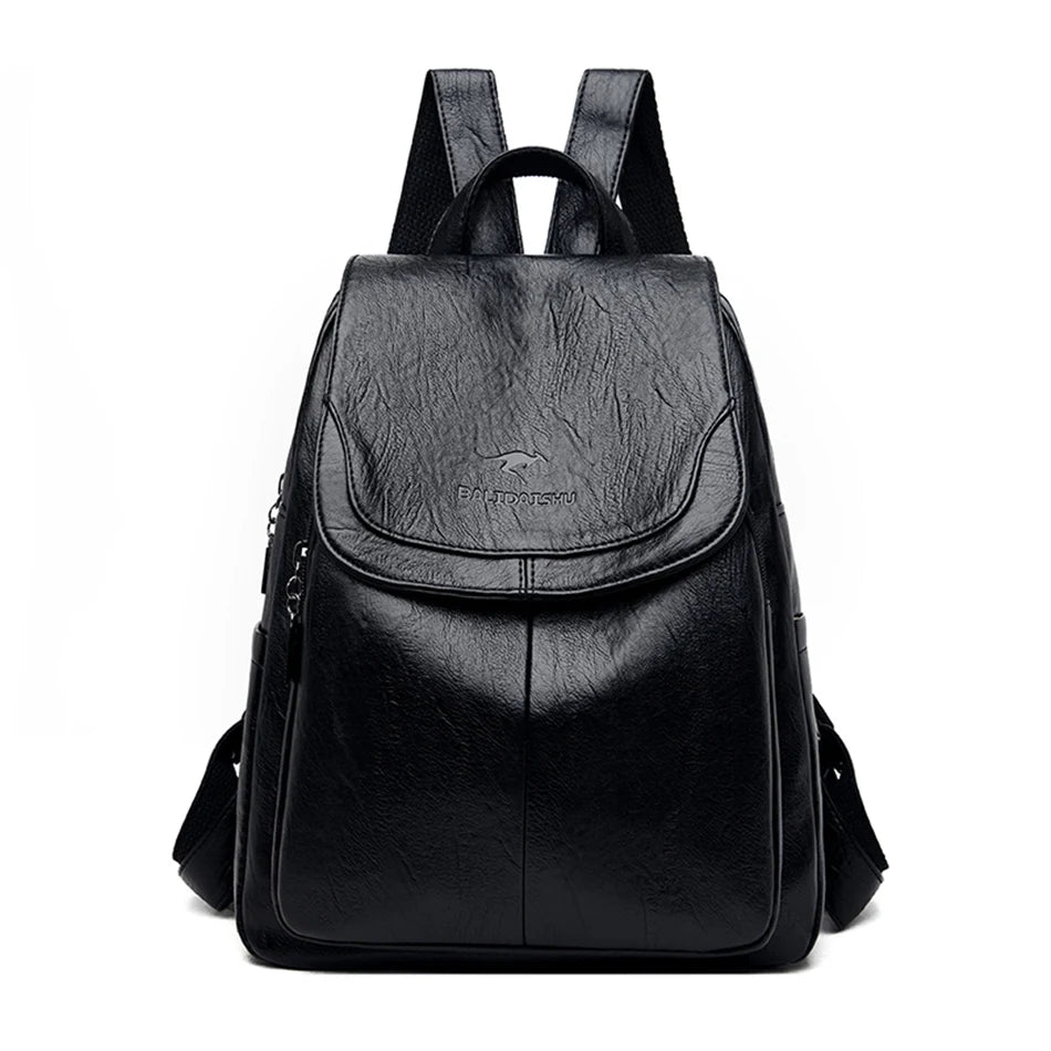 Genuine women's soft leather backpack in black with front flap by Simples Market