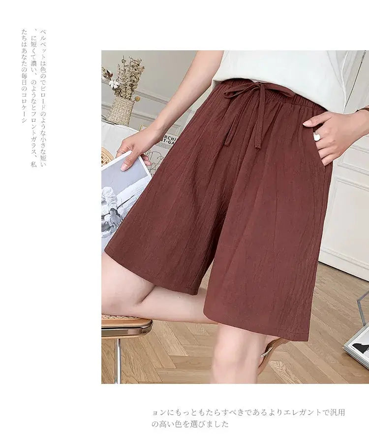 Women's brown cotton shorts, high-waisted loose-fit with two pockets