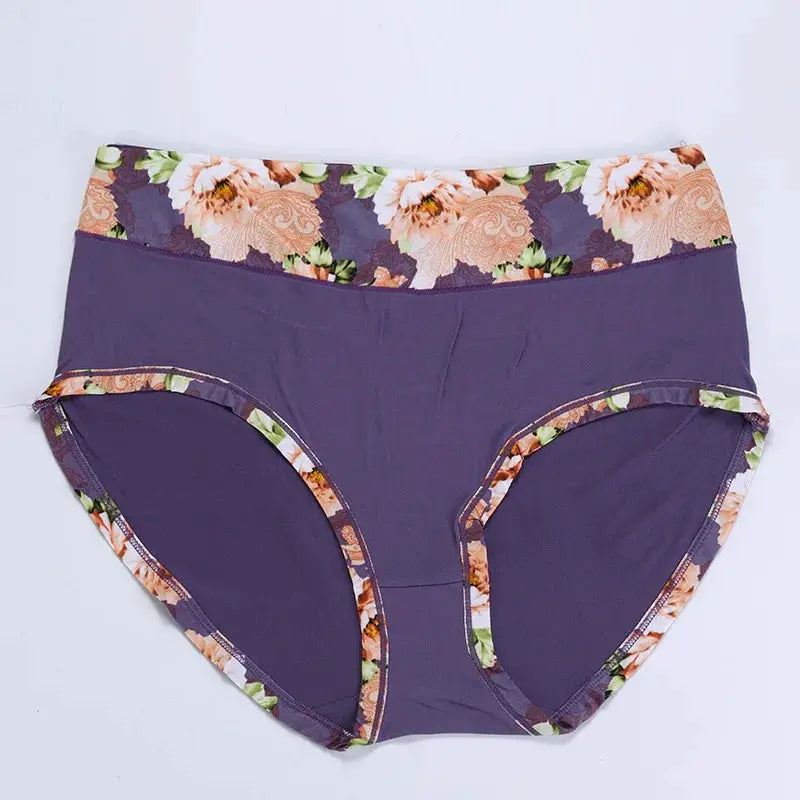 Simples Market women's plus-size floral print briefs, purple body with floral waistband and trim