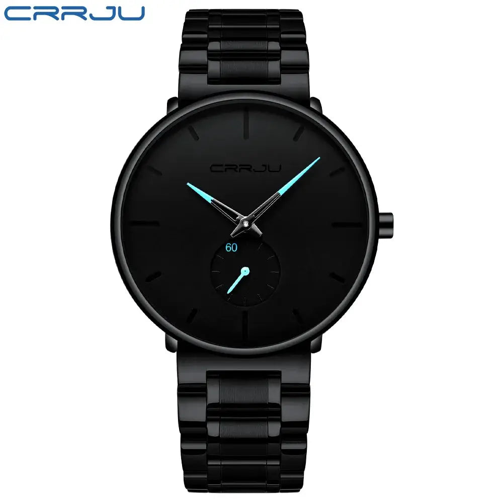 CRRJU men's black stainless steel wrist watch with cyan blue hands and minimalist dial