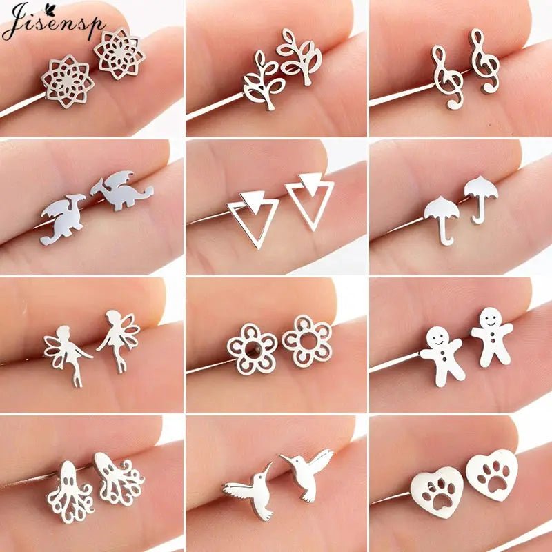 Stainless Steel Stud Earrings For Women Fashion Jewelry Multiple Animal Designs Hummingbird Leaf Music Fairy Gift - Simples Market