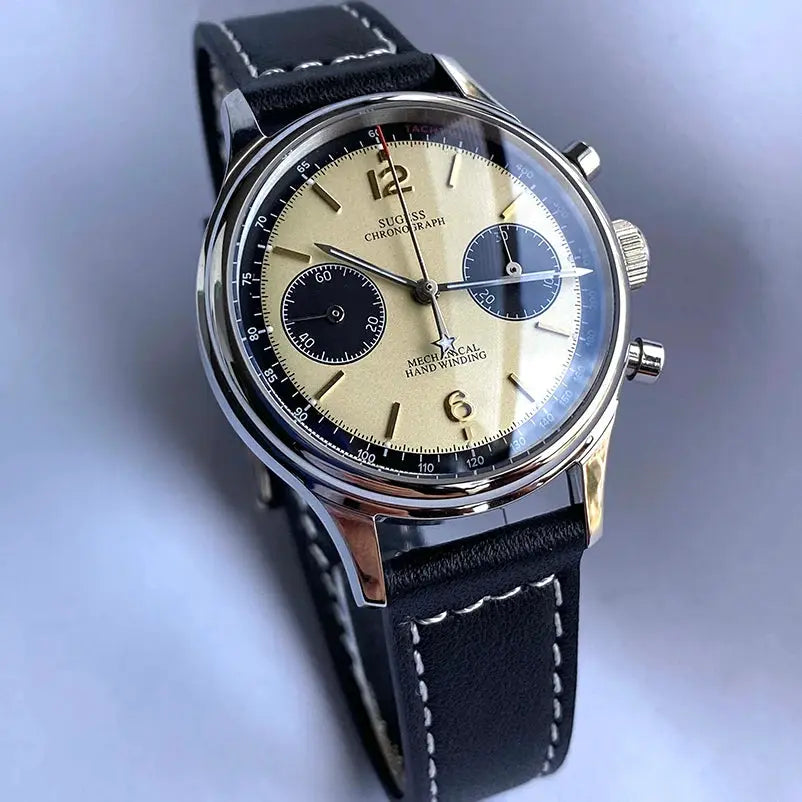Sugess 1963 Pilot Watch Panda chronograph with beige dial, black subdials, stainless steel case and black leather strap