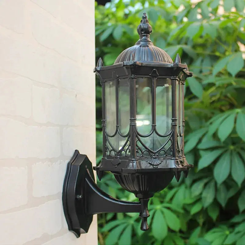 Retro outdoor wall lantern, waterproof black metal E27 sconce with glass panels for garden