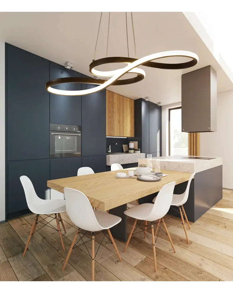 Modern kitchen island pendant light with double-loop black rings and white LED ring