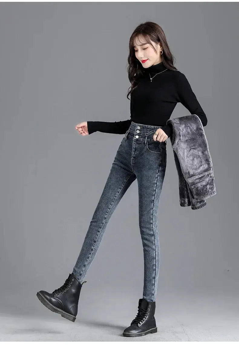 Thermal Winter Thick Fleece High Waist Stretch Skinny Jeans For Women