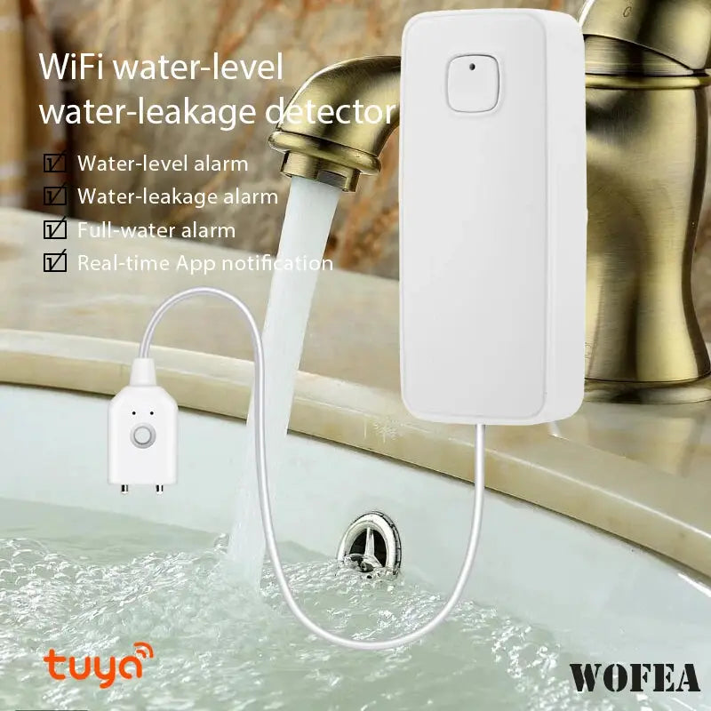 Tuya smart flood leakage sensor kit, white two-piece water-leak detector with WiFi remote monitor