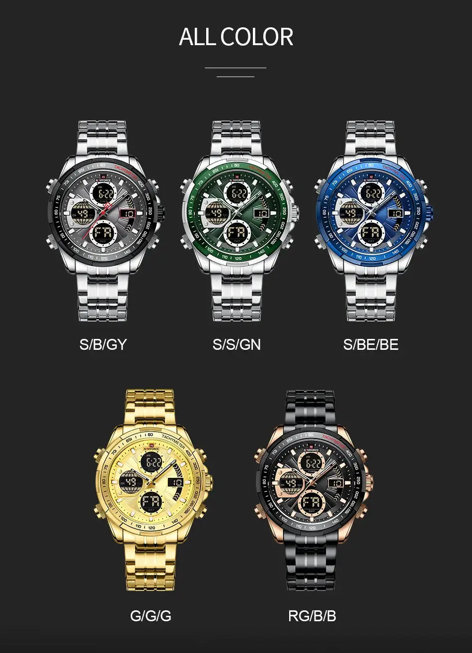 NAVIFORCE men's stainless steel wrist watches in six colorways with luminous dual-display quartz
