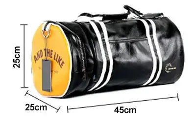 Sport gym bag by Simples Market, black waterproof leather with yellow end cap and white trim