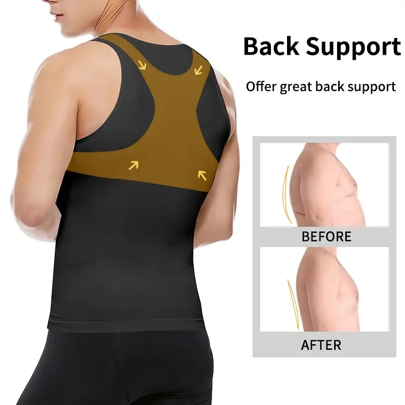 Simples Market men's slimming body shaper tank top with black fabric and brown back-support panels.