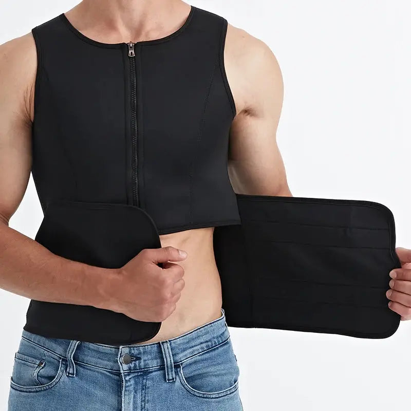 Simples Market men's black waist trainer body shaper with zip-front vest and waist belt