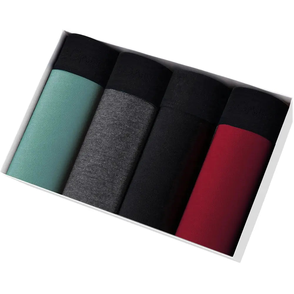 4-pack men's cotton boxer shorts by Simples Market in teal, gray, black, and red